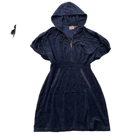 Juicy Couture Women Navy Velour Hooded Dress Short Sleeve Kangaroo Pocket Size M