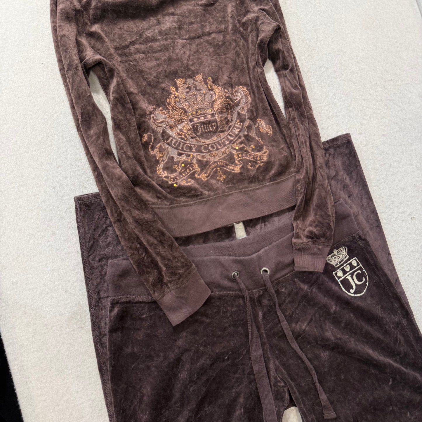 Juicy Couture Womens Dark Brown Velour Tracksuit Set Hoodie & Pant Logo Size M/L