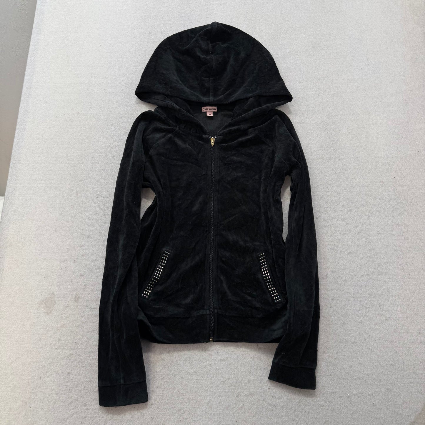 Juicy Couture Women's Black Velour Full Zip Hoodie Rhinestone Back Design Size M