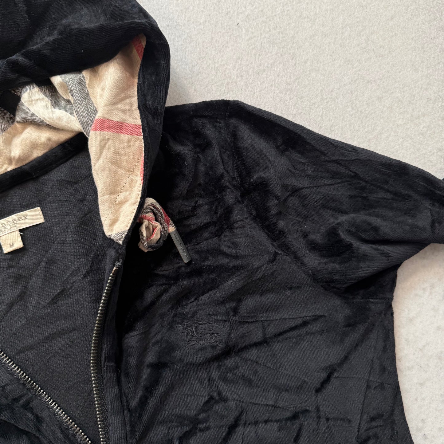 Burberry Brit Women's Black Velour Full Zip Hoodie Slash Pockets Preppy Size M