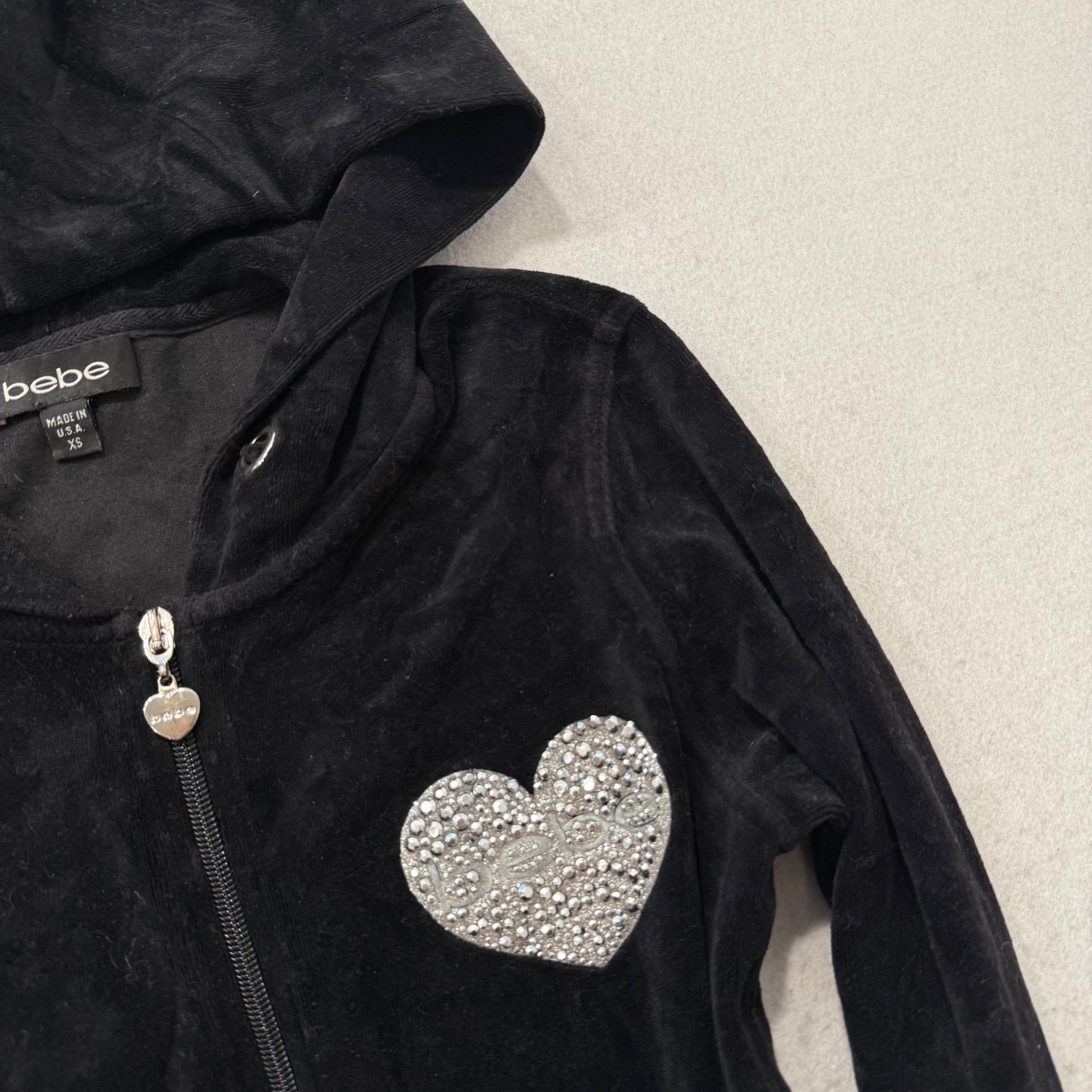 Bebe Women's Black Velour Zip Up Hoodie Rhinestone Heart Made In The USA Size XS