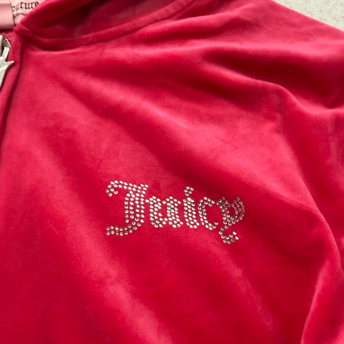 Juicy Couture Women's Red Velour Zip-Up Hoodie Pockets Rhinestone Logo Size XXL