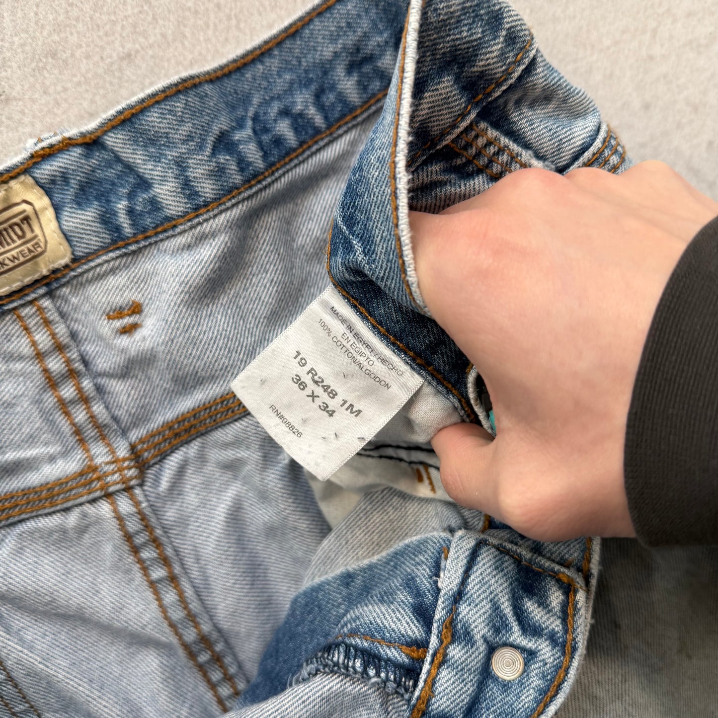 Schmidt Workwear Men's Blue Denim Baggy Carpenter Jeans Utility Pockets Size 36