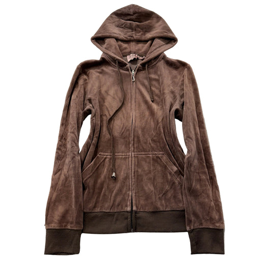 Juicy Couture Women's Brown Velour Full Zip Hoodie Pockets Loungewear Y2K Size M