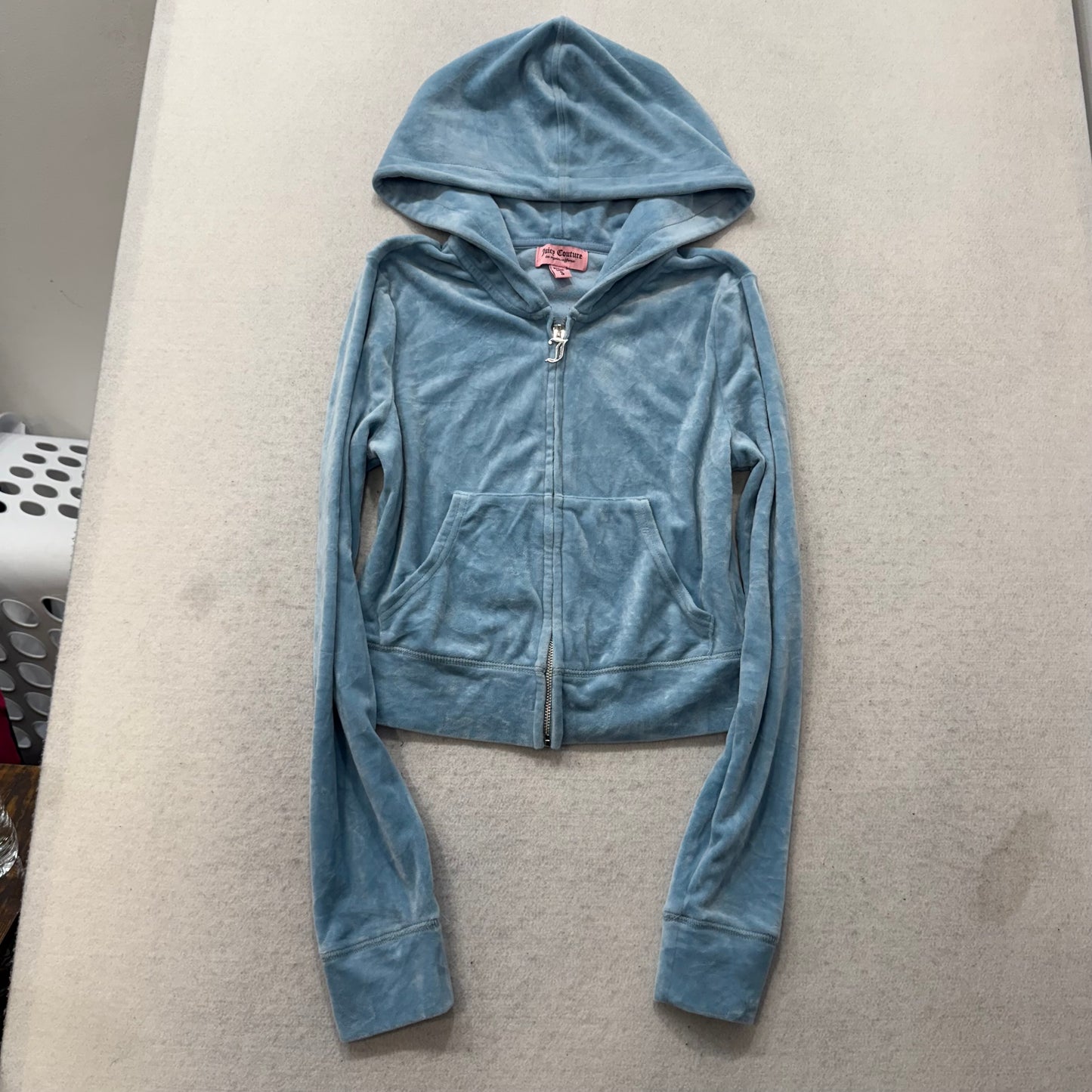 Juicy Couture Women's Light Blue Velour Zip-Up Cropped Hoodie Rhinestones Size S