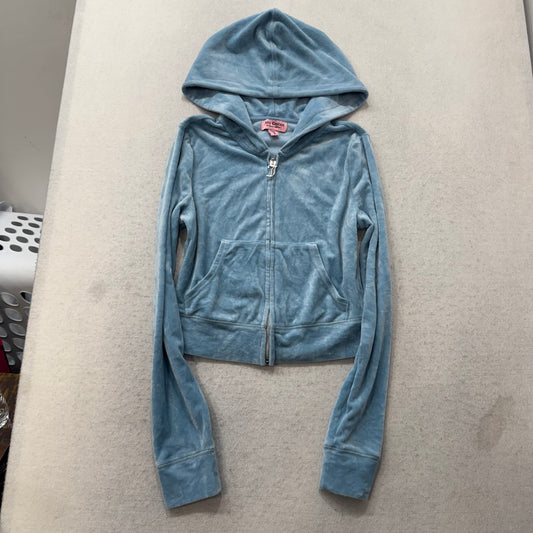 Juicy Couture Women's Light Blue Velour Zip-Up Cropped Hoodie Rhinestones Size S