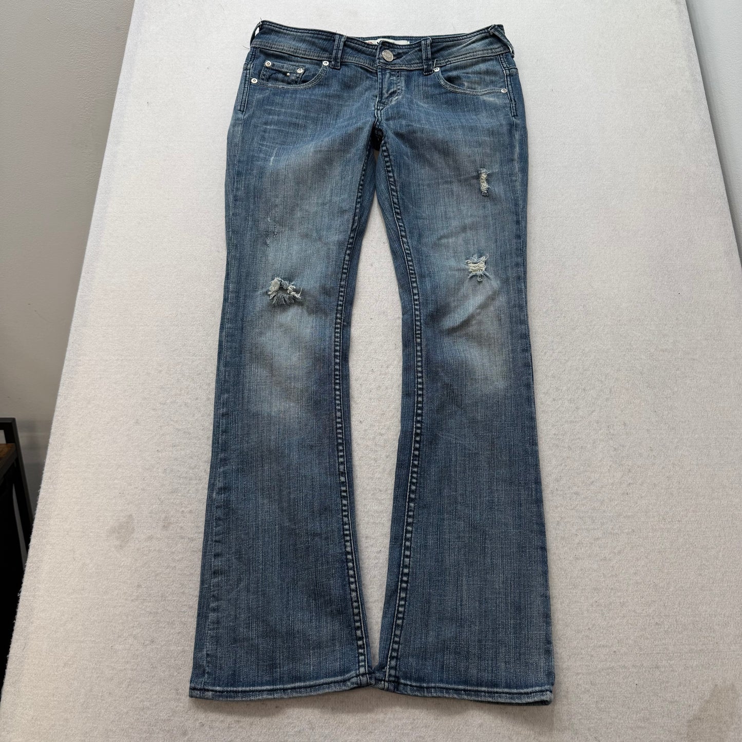 YASO Women's Blue Denim Distressed Bootcut Jeans Low Rise Pockets Y2K Size 5/6