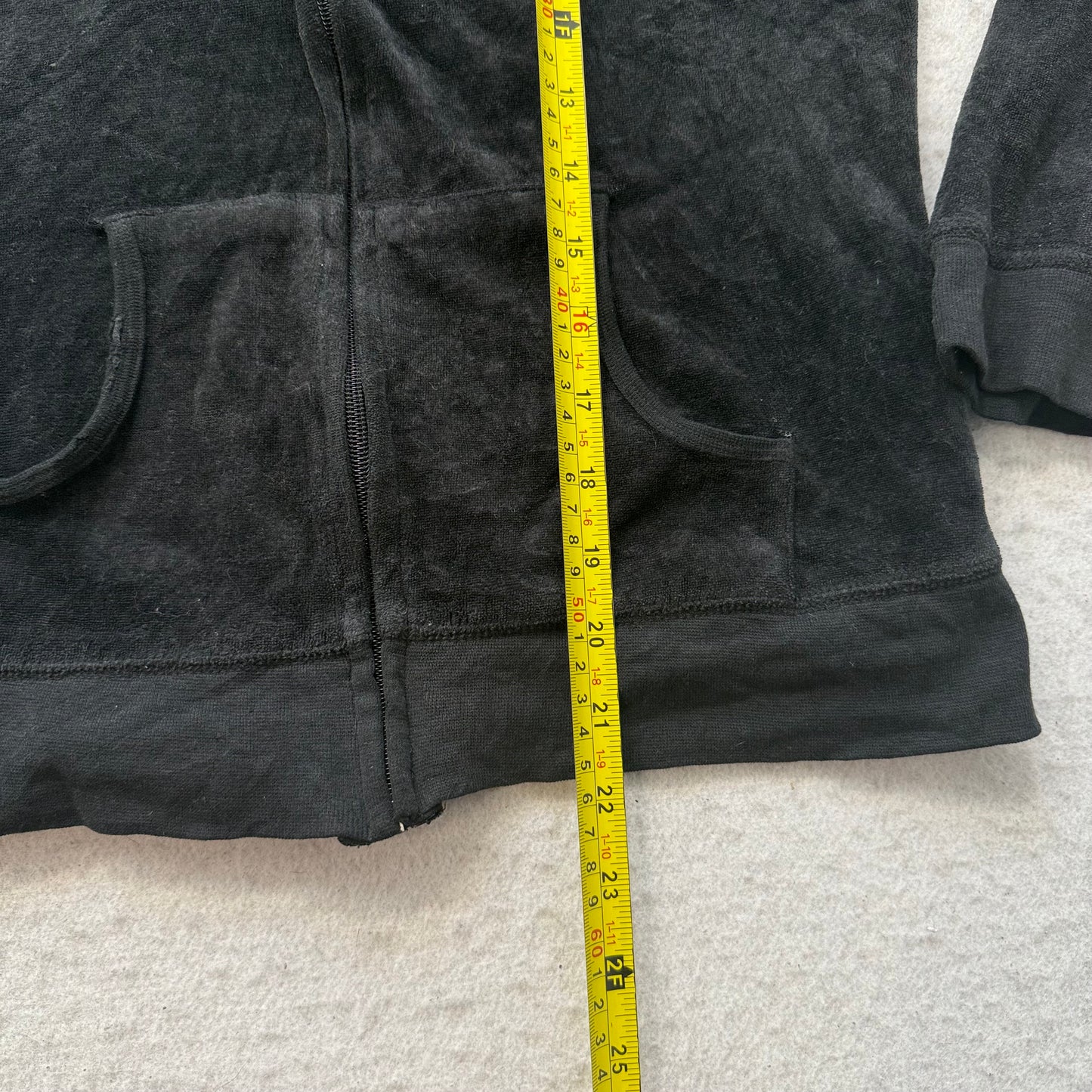 Vintage Juicy Couture Women's Black Velour Zip-Up Hoodie Loungewear Pockets Size S