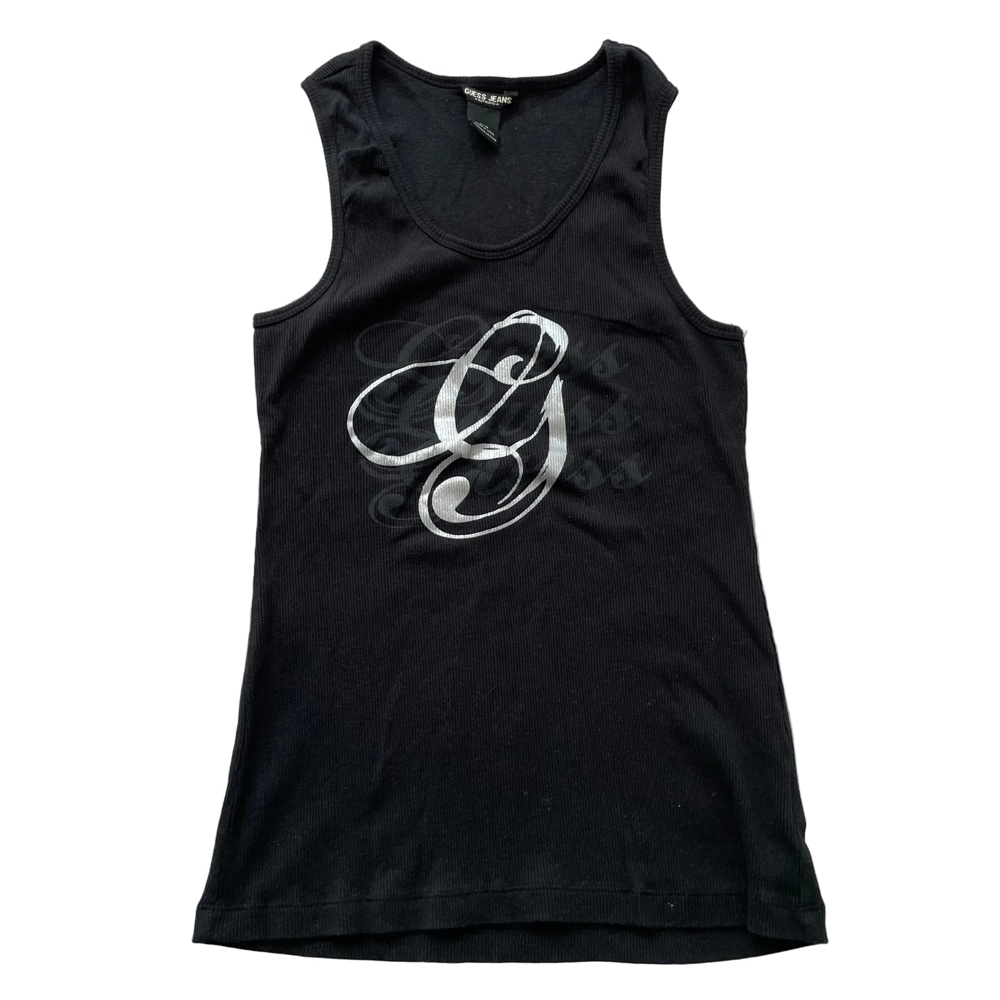 Guess Jeans Women's Black Ribbed Tank Top Sleeveless Front Logo Casual Size L
