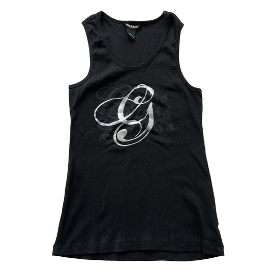 Guess Jeans Women's Black Ribbed Tank Top Sleeveless Front Logo Casual Size L
