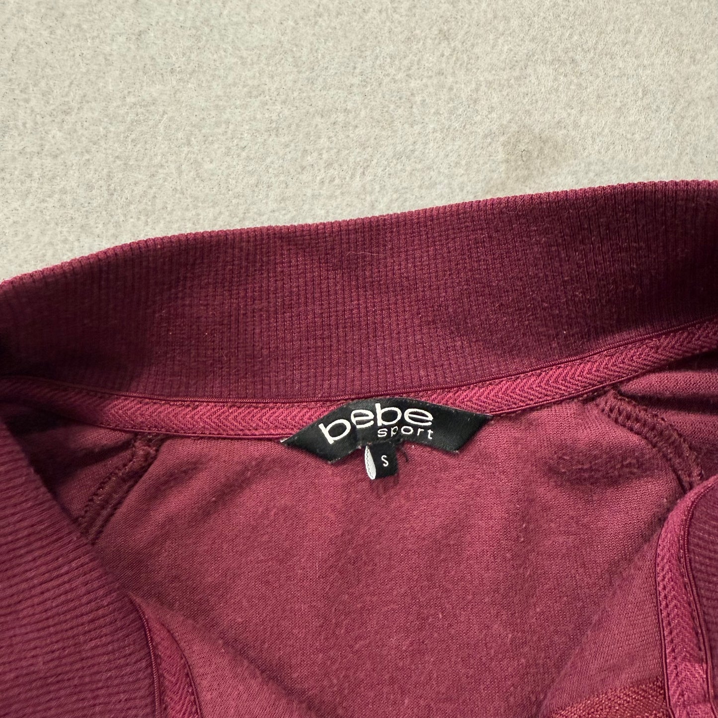 Bebe Women's Burgundy Velour Zip Up Track Jacket Embroidered Logo Pockets Size S
