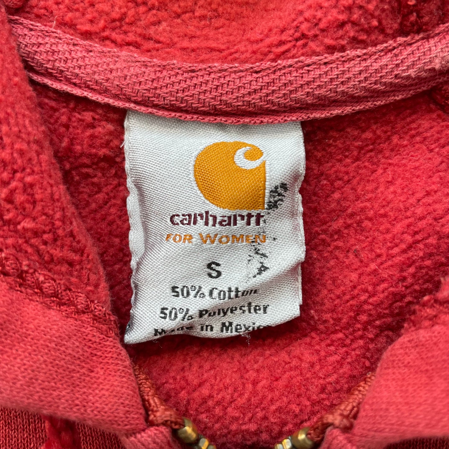 Carhartt Women's Red Cotton Blend Zip-Up Hoodie Drawstring Pockets Logo Size S