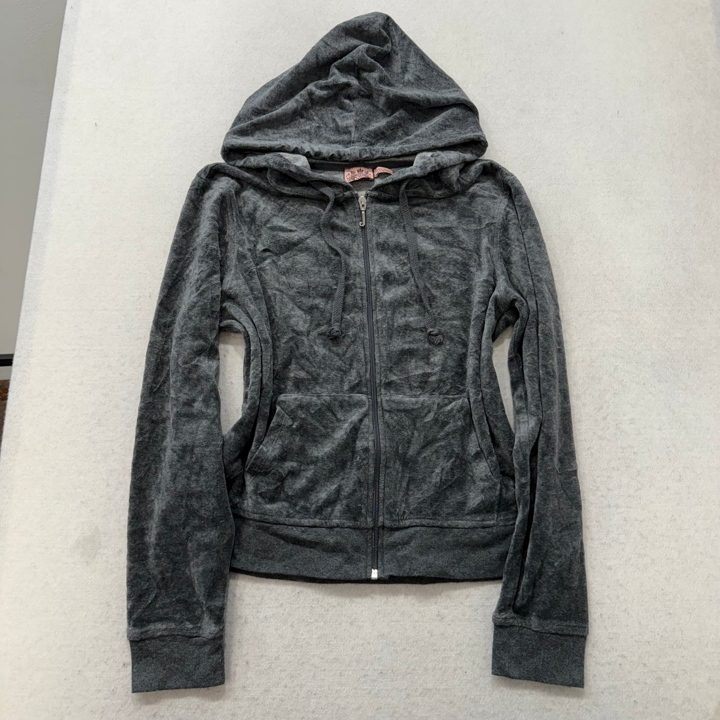 Vintage Juicy Couture Women's Dark Heather Gray Velour Zip Up Hoodie Y2K Size L