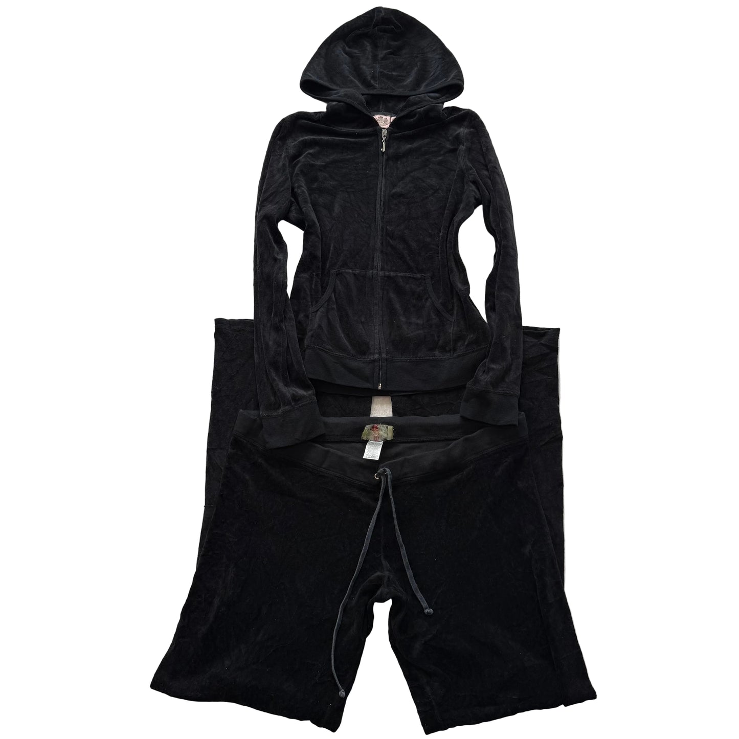 Vintage Juicy Couture Black Velour Tracksuit Set Zip-Up Hoodie & Pant Y2k Size L
