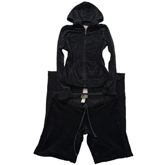 Vintage Juicy Couture Black Velour Tracksuit Set Zip-Up Hoodie & Pant Y2k Size L
