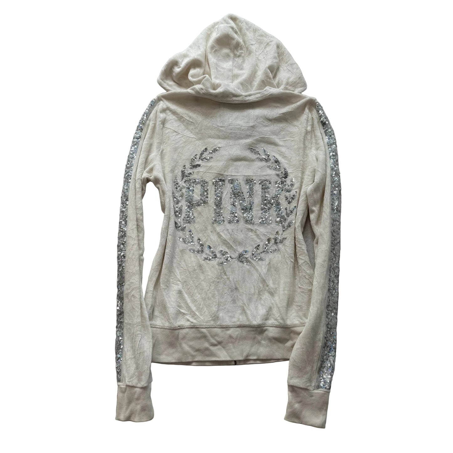 Victoria's Secret PINK Womens Off White Velour Hoodie Silver Sequin Logo Size XS