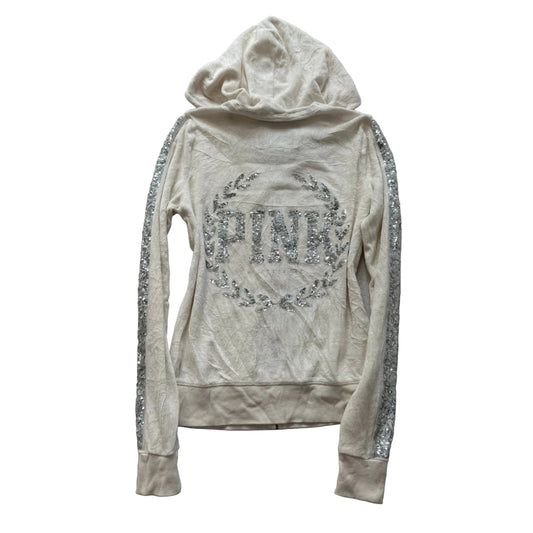 Victoria's Secret PINK Womens Off White Velour Hoodie Silver Sequin Logo Size XS