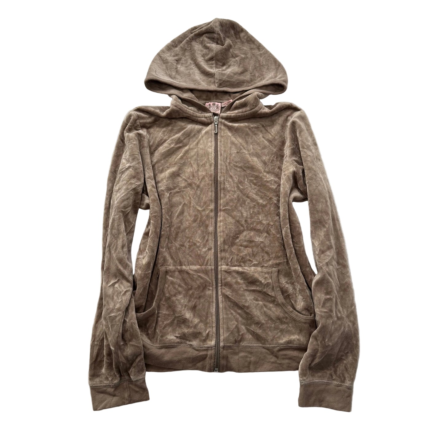 Vintage Juicy Couture Women's Light Brown Velour Zip-Up Hoodie Drawstring Size L