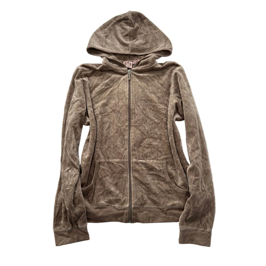 Vintage Juicy Couture Women's Light Brown Velour Zip-Up Hoodie Drawstring Size L