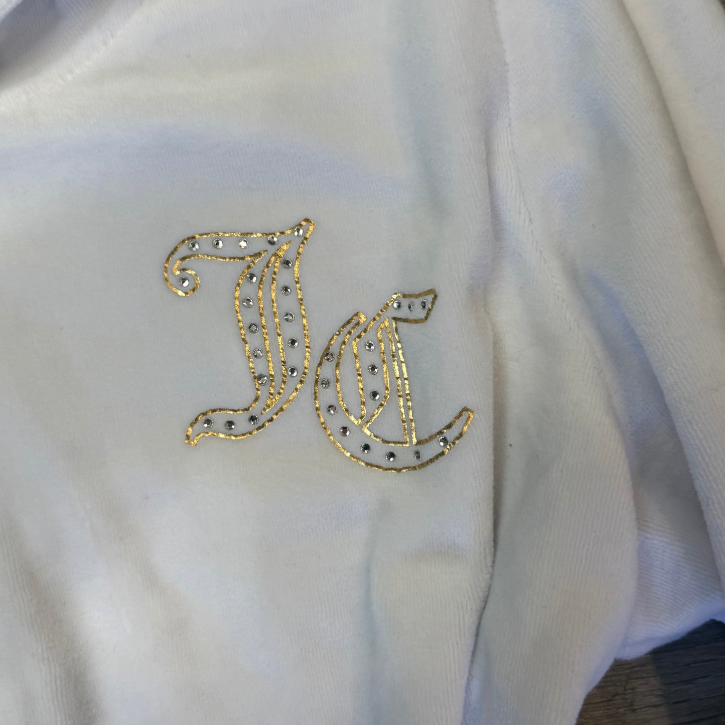 Juicy Couture Women's White Velour Zip-Up Hoodie Pockets Rhinestone Logo Size L
