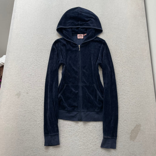 Juicy Couture Scottie Dogs Women's Navy Blue Velour Zip-Up Hoodie Pockets Size M
