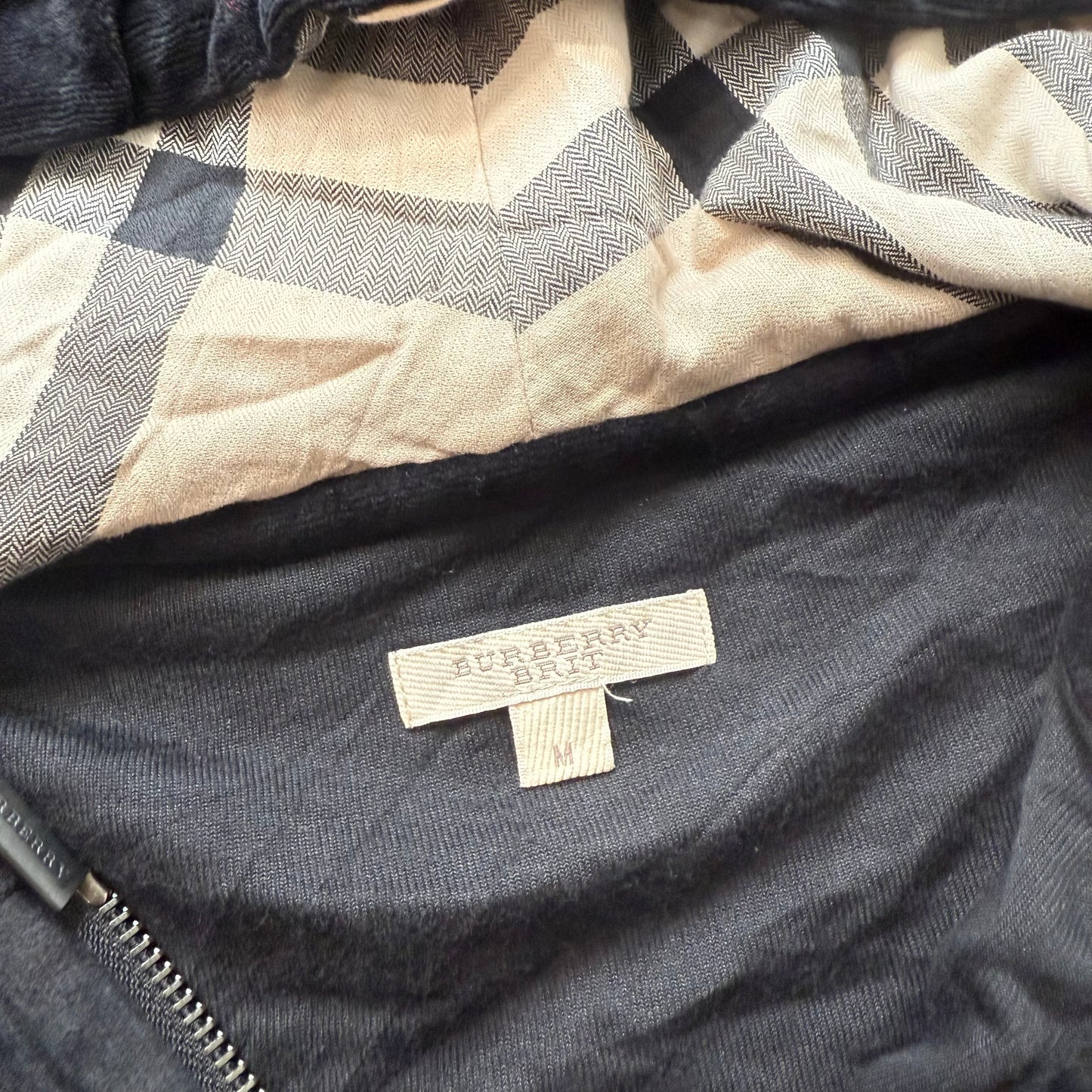 Burberry Brit Women's Black Velour Full Zip Hoodie Slash Pockets Preppy Size M