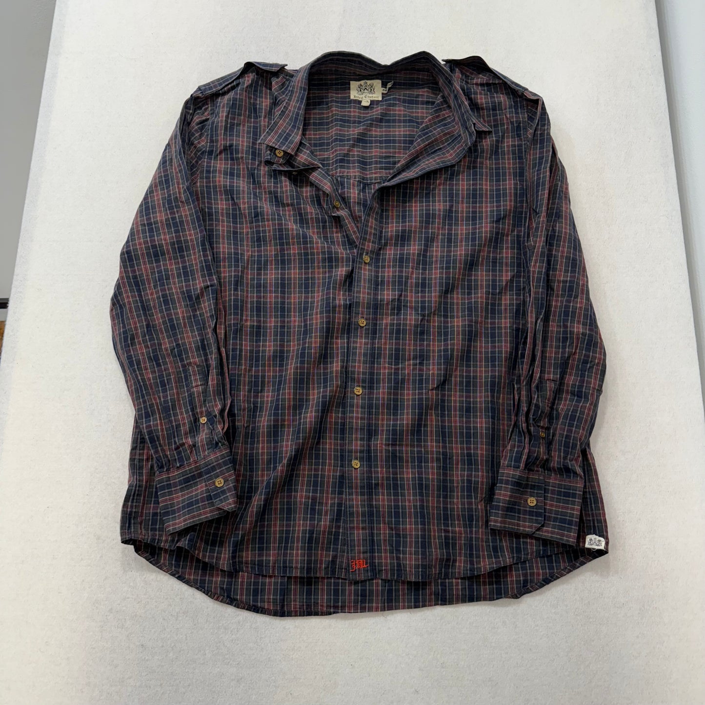Vintage Juicy Couture Dirty English Plaid Button Up Gold Back Print XL Mens