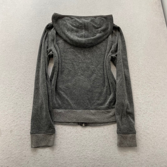 Vintage Juicy Couture Women's Charcoal Grey Velour Zip-Up Hoodie Pockets Size L