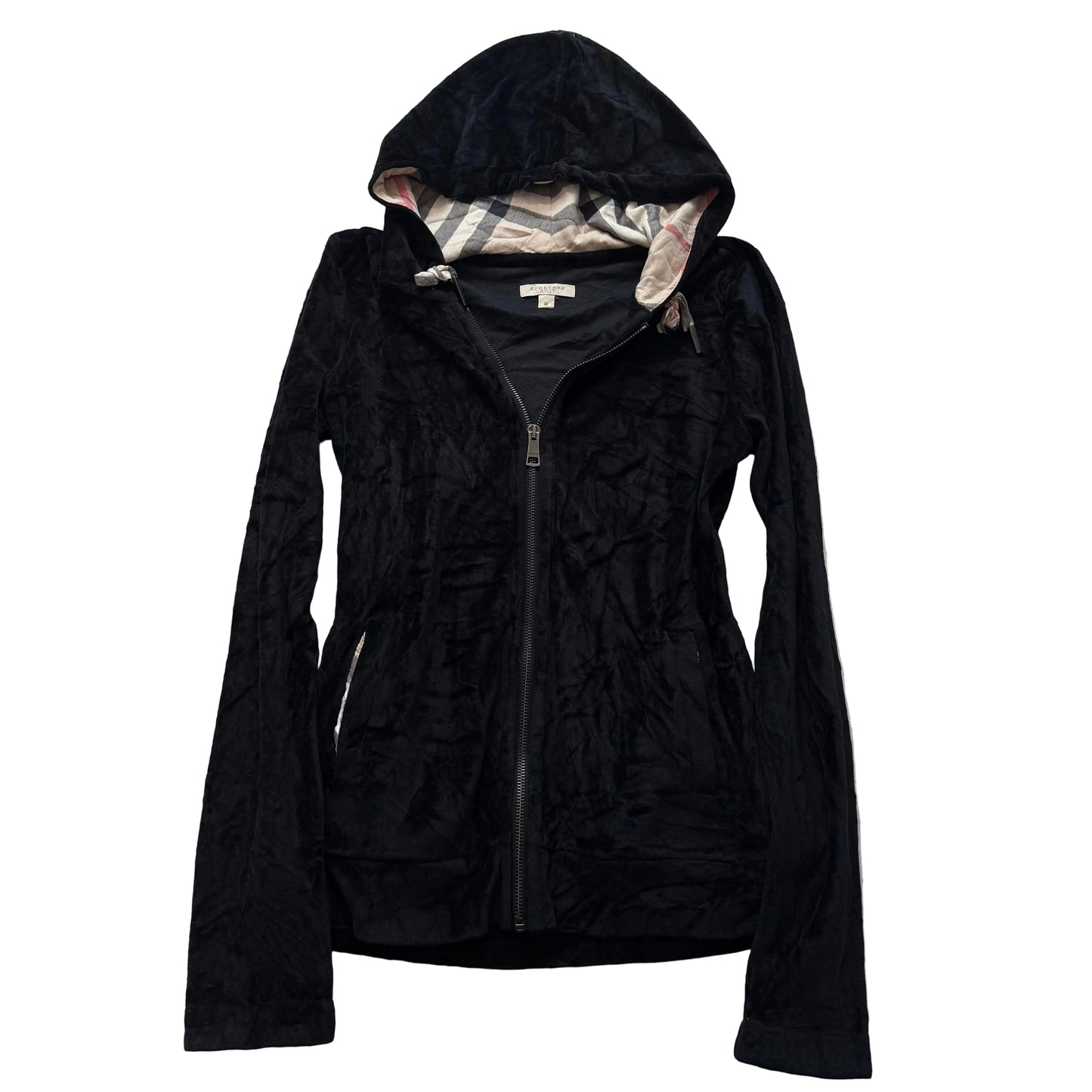Burberry Brit Women's Black Velour Full Zip Hoodie Slash Pockets Preppy Size M