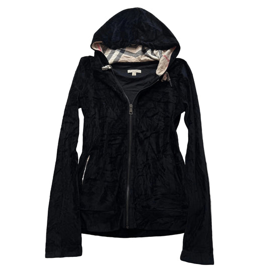 Burberry Brit Women's Black Velour Full Zip Hoodie Slash Pockets Preppy Size M