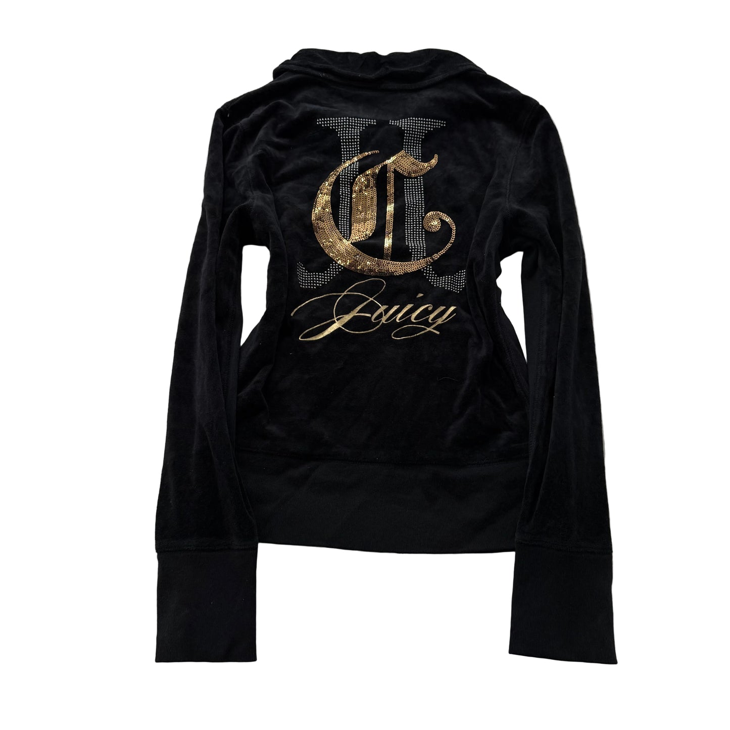 Juicy Couture Women's Black Velour Track Jacket Rhinestone Crown Graphic Size M