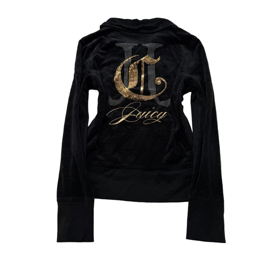Juicy Couture Women's Black Velour Track Jacket Rhinestone Crown Graphic Size M