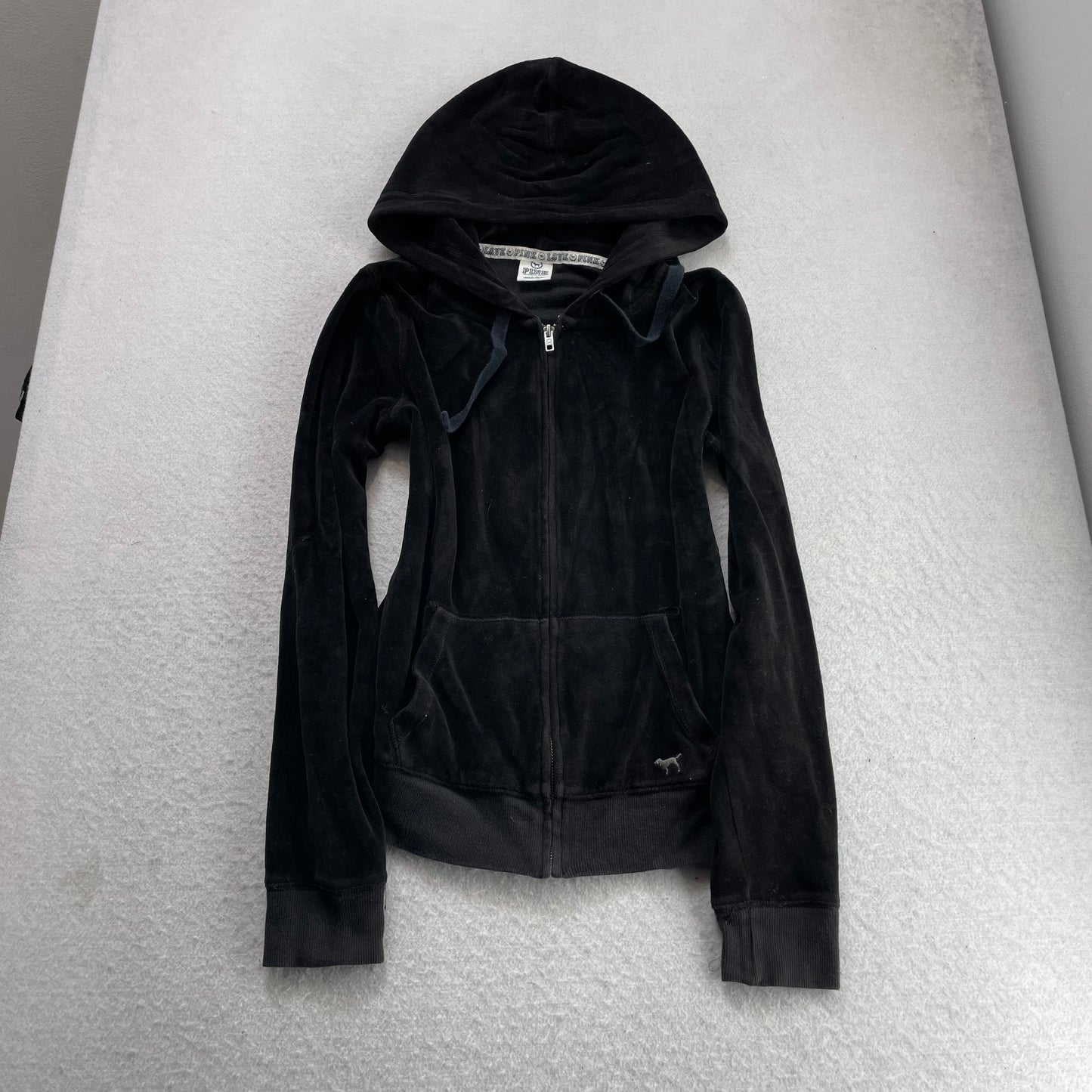 Victoria's Secret PINK Women Black Velour Zip-Up Hoodie LOVE PINK Graphic Size S