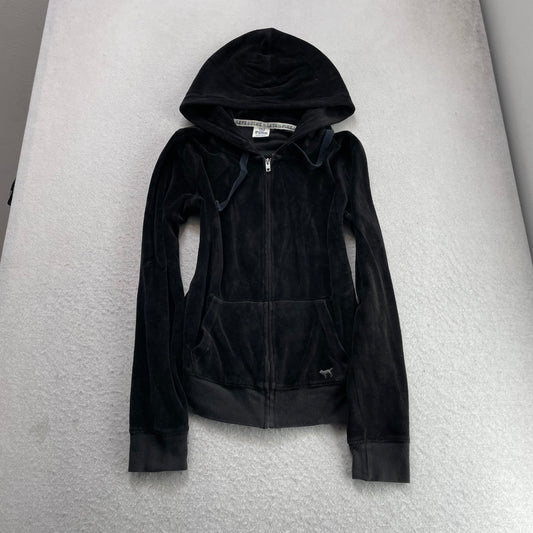 Victoria's Secret PINK Women Black Velour Zip-Up Hoodie LOVE PINK Graphic Size S