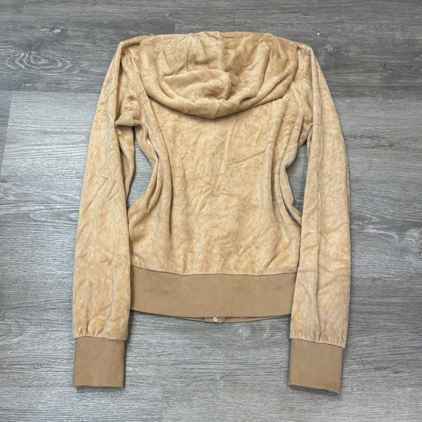 Vintage Juicy Couture Women Beige Velour Zip-Up Hoodie Drawstring Pockets Size S