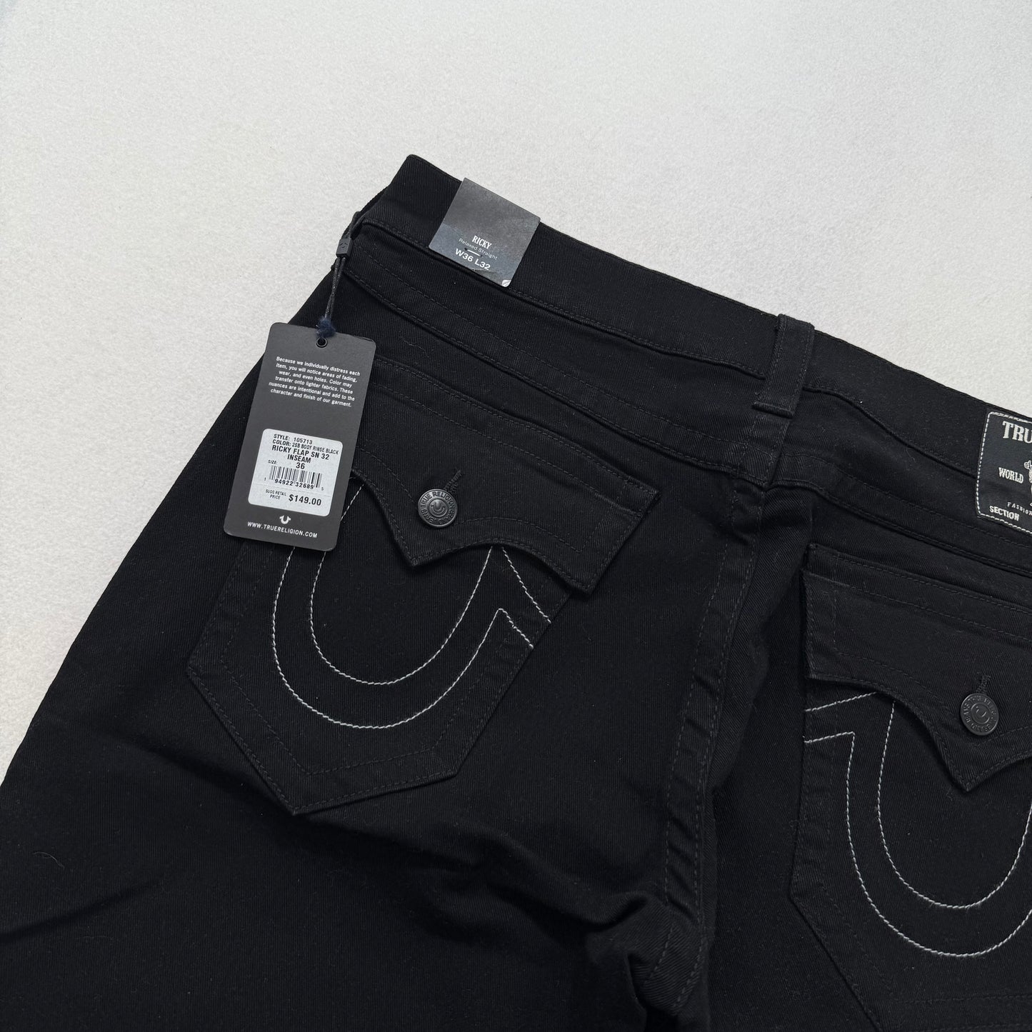 True Religion Ricky Black Denim Jeans Straight Leg Contrast Stitching Arcuate Flap Pockets Size W36 L32