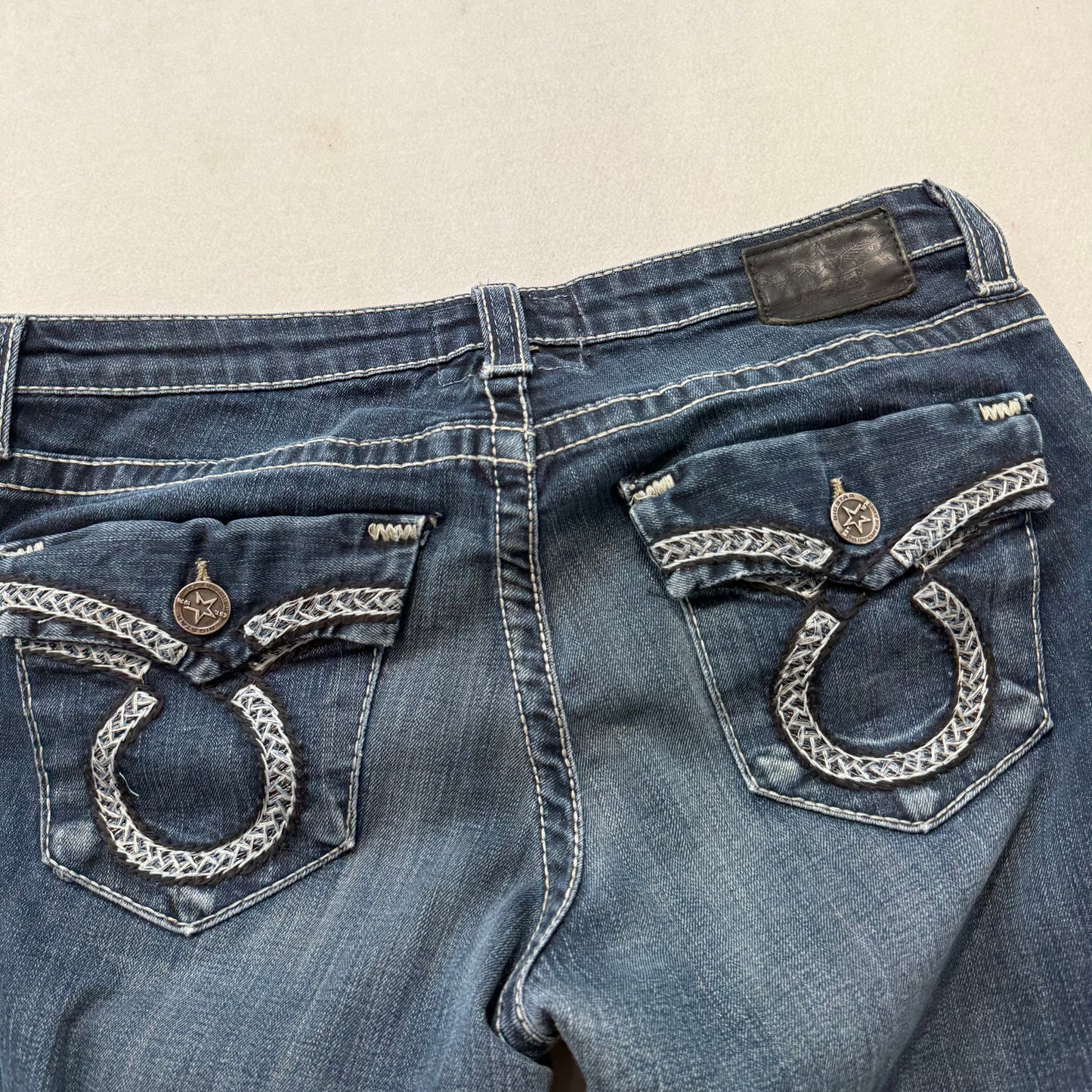 Big Star Women's Blue Denim Bootcut Jeans Horseshoe Flap Snap Pocket Y2K Size XL