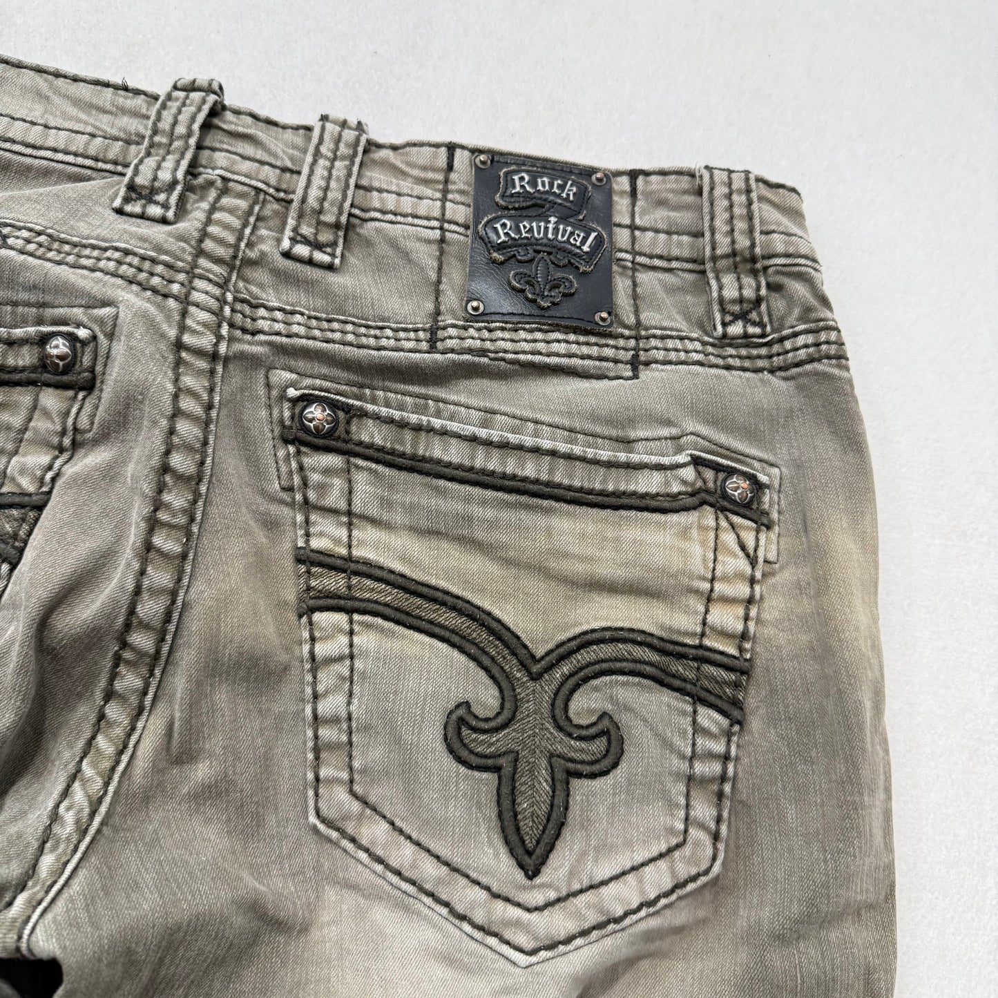 Rock Revival Men Taupe Denim Straight Jeans Inverted Fleur-de-Lis Pocket Size 36