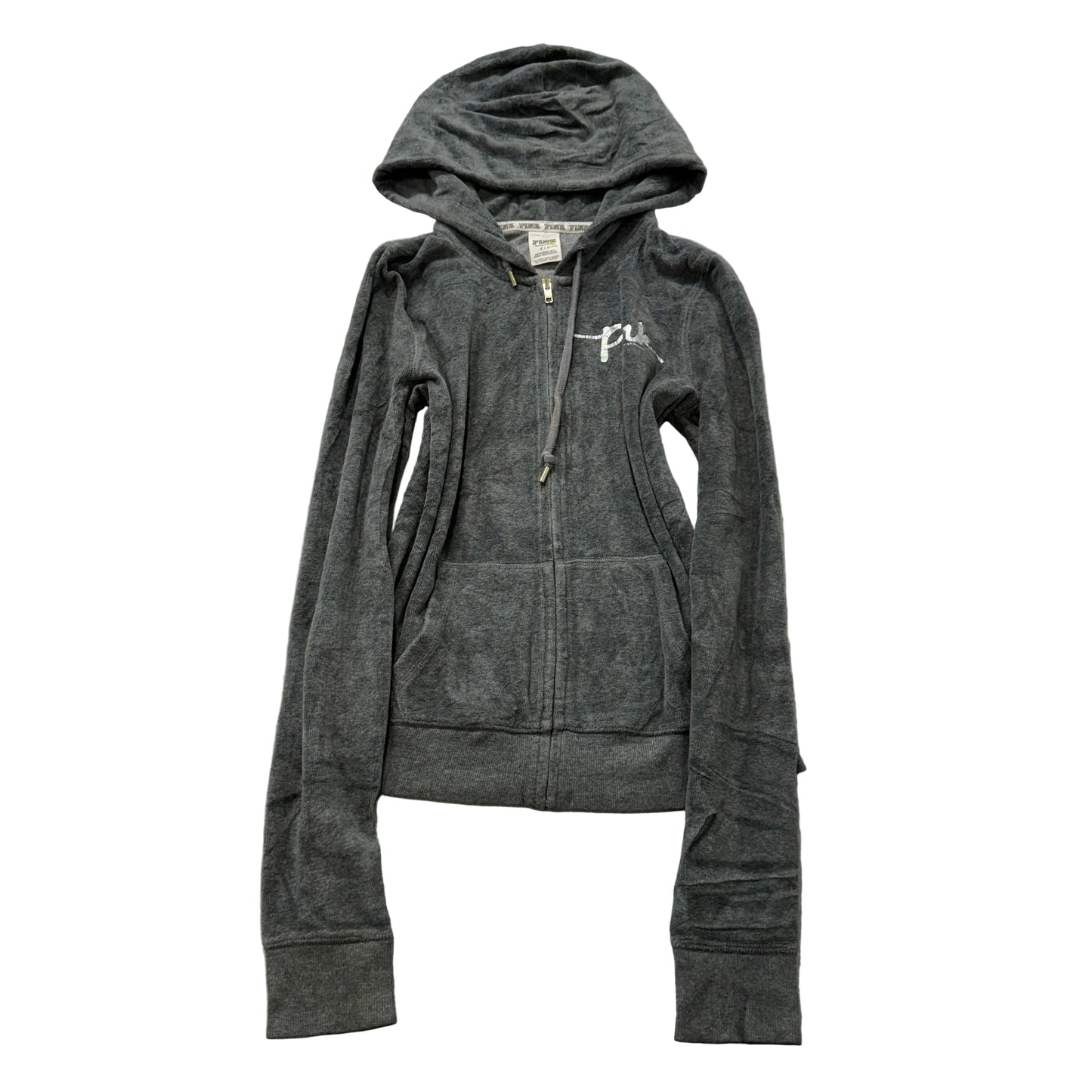 Victoria's Secret PINK Women's Dark Gray Velour Zip-Up Hoodie Drawstrings Size S