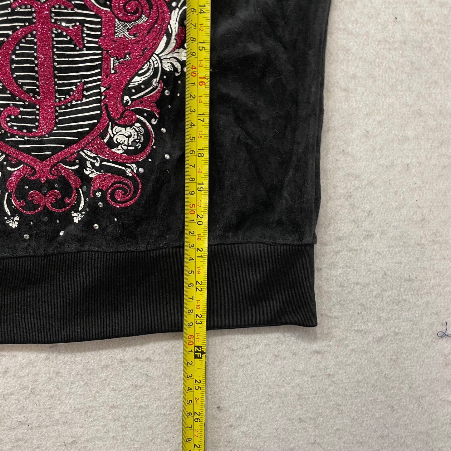 Juicy Couture Womens Black Velour Zip-Up Hoodie Pink Glitter Graphic Logo Size S