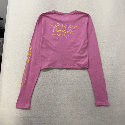 ED HARDY “Panther Rose” PINK LONG SLEEVE CROPPED BABY TEE