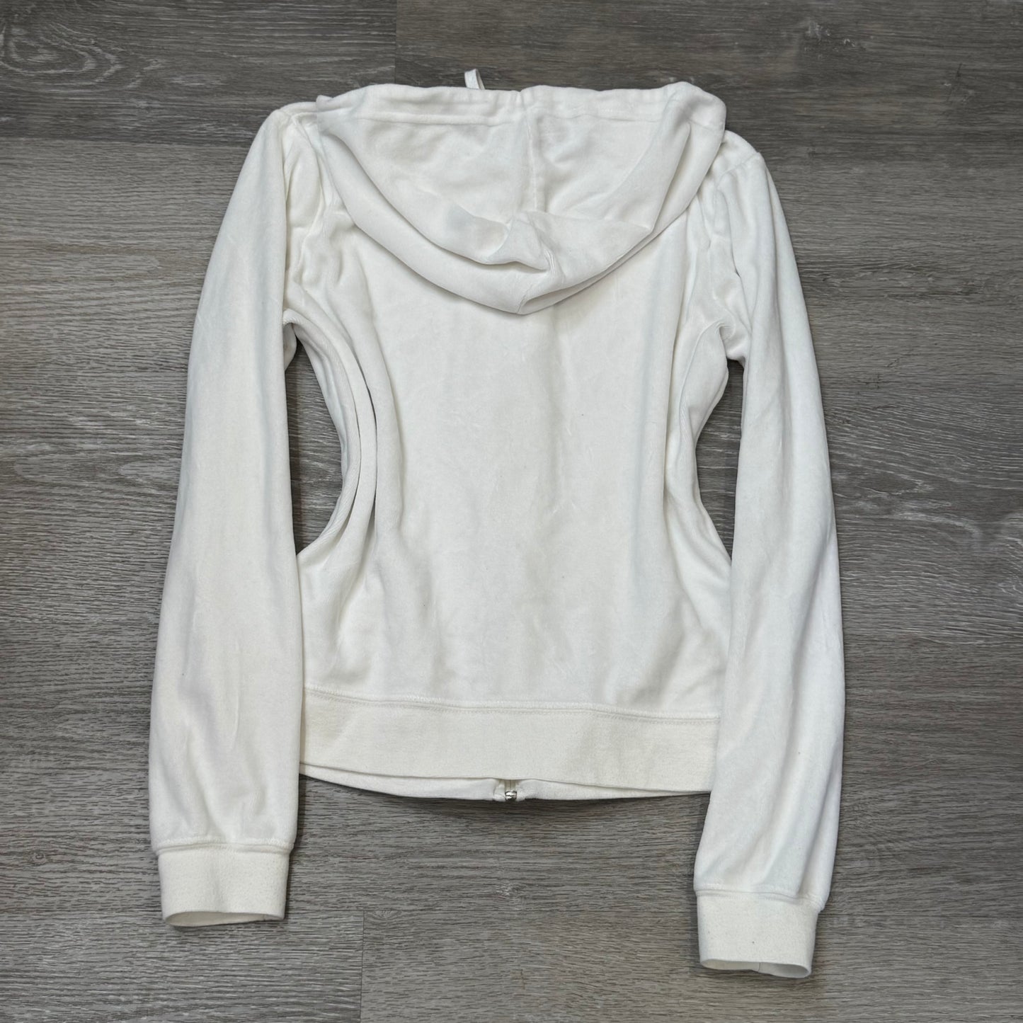 Vintage Juicy Couture Womens White Velour Zip-Up Hoodie Drawstring Pocket Size S