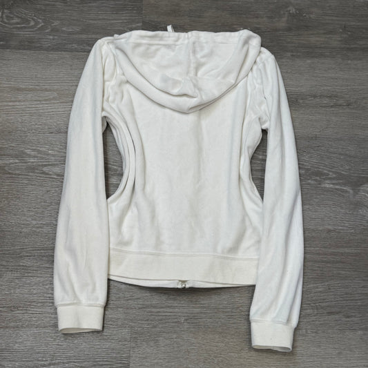 Vintage Juicy Couture Womens White Velour Zip-Up Hoodie Drawstring Pocket Size S