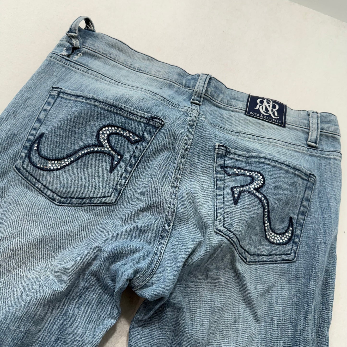 Rock & Republic Women's Blue Denim Bootcut Jeans Rhinestone Logo Pockets Size 10