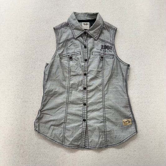 Harley-Davidson Women's Gray Eagle Snap Button Down Shirt Sleeveless Size S