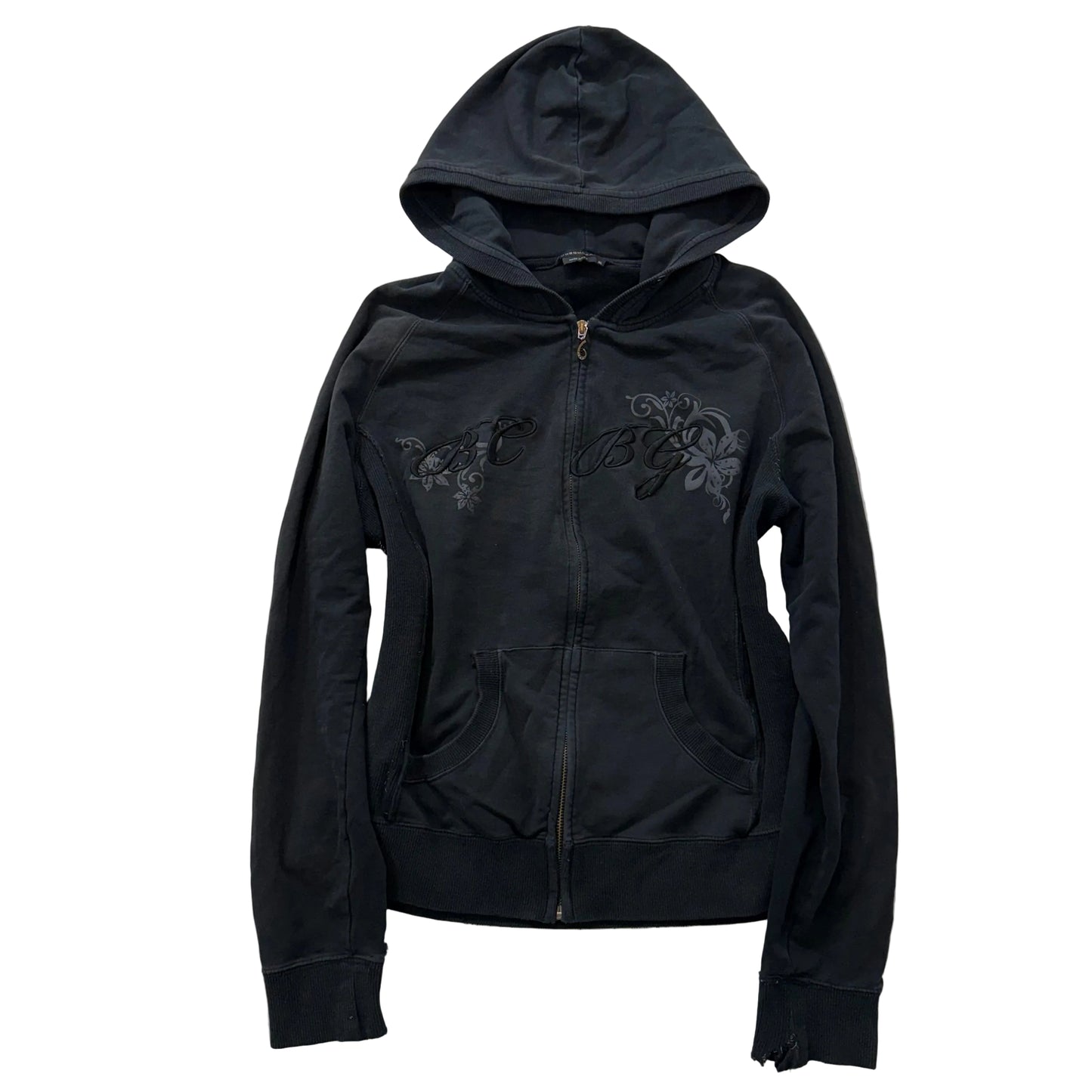 BCBG Max Azria Women's Charcoal Heart Embroidered Graphic Zip-Up Hoodie Size XL