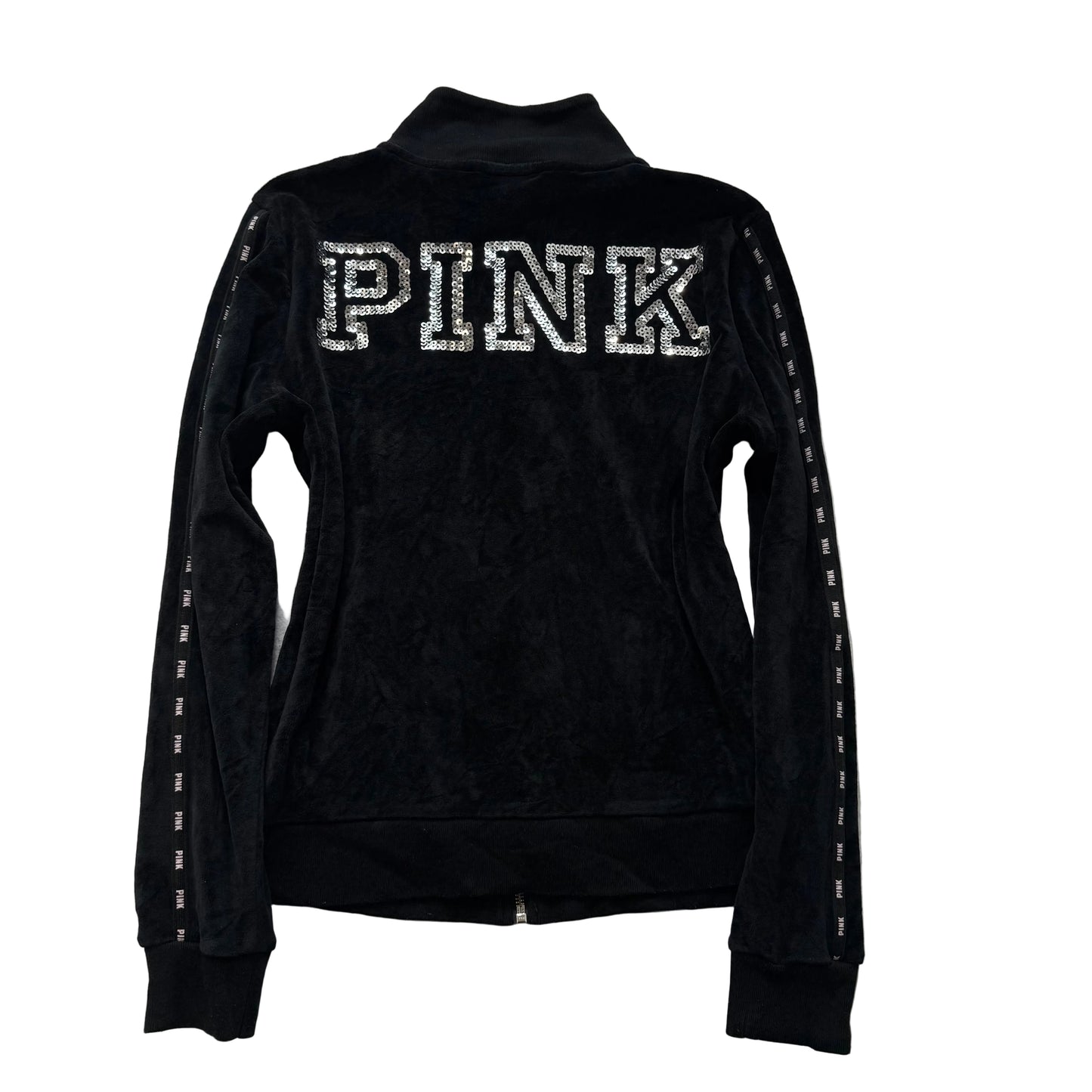 Victoria's Secret PINK Women Black Velour Track Jacket Silver Sequin Logo Size S