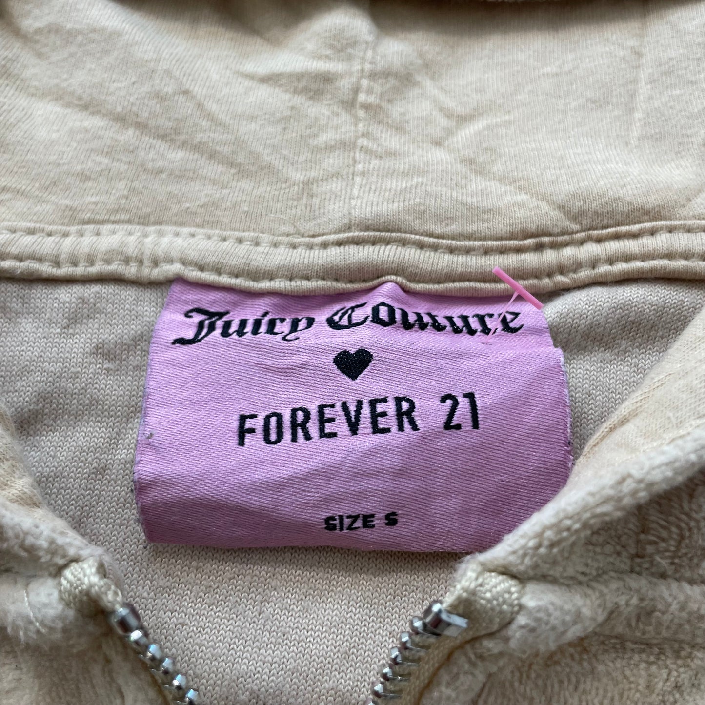 Juicy Couture Forever 21 Women Beige Velour Zip-Up Hoodie Rhinestone Logo Size S