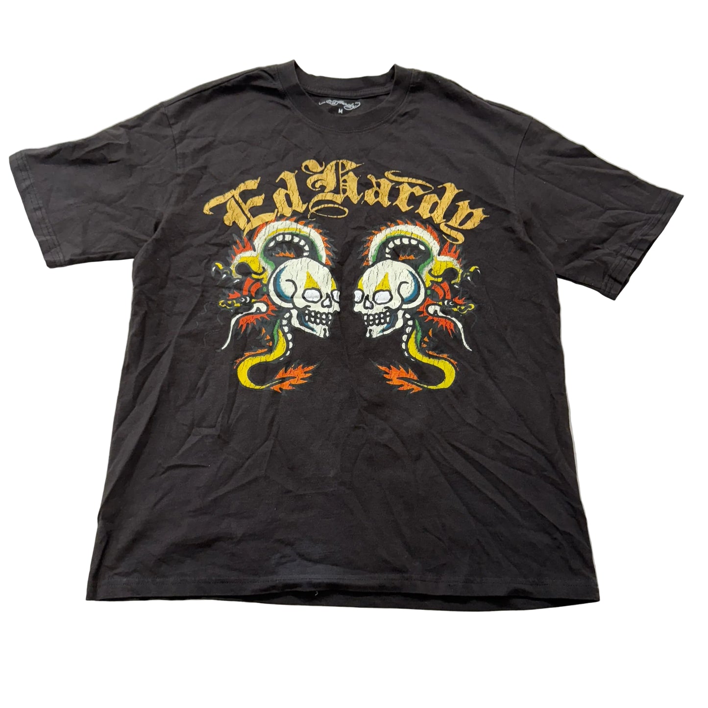 Ed Hardy Men's Dark Brown Cotton T-Shirt Short Sleeve Twin Skulls Graphic Size M