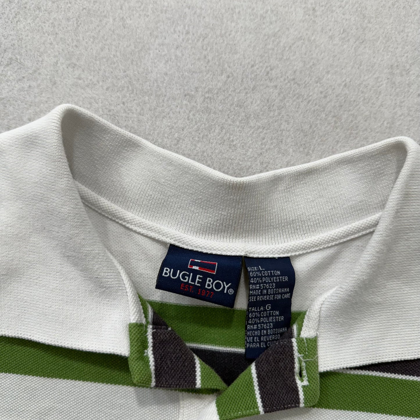 Bugle Boy Green White Navy Striped Pique Cotton Polo Shirt Classic Tee Size L